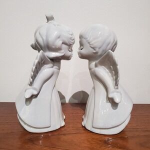 Vintage Ceramic Kissing Boy and Girl Angel. Glossy White. 8" and 7.25"